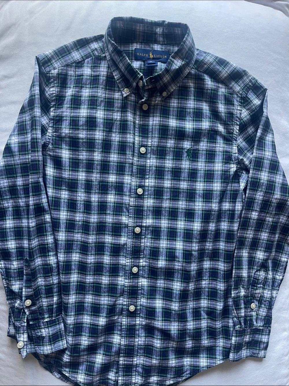 Ralph Lauren Boys Size 10-12 Navy, Green & White Plaid Button-Down Shirt